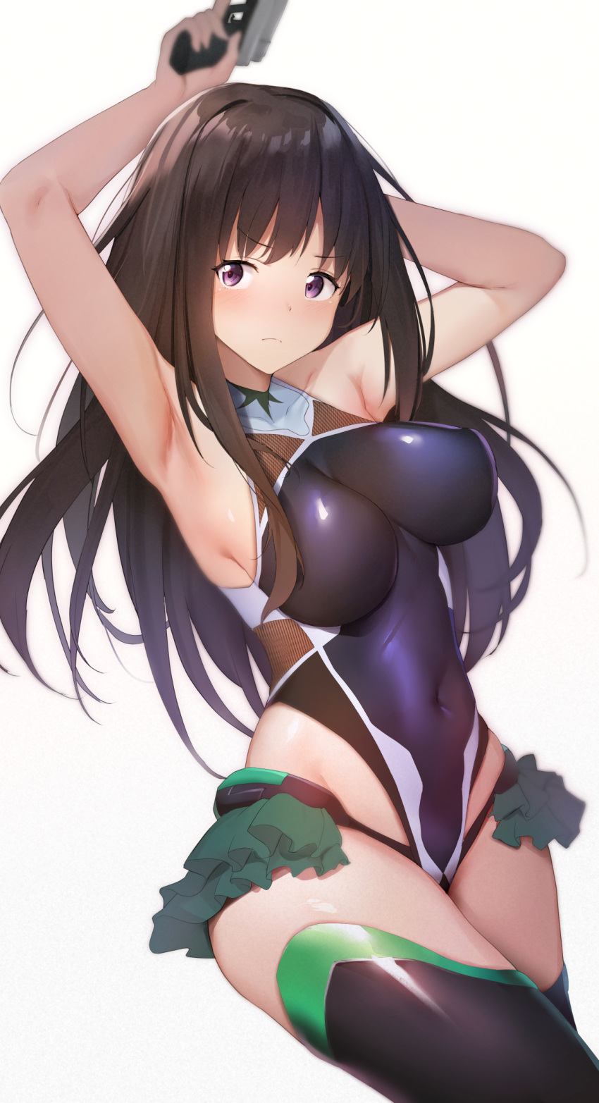 1girl armpits arms_up black_hair black_leotard black_thighhighs blush breasts closed_mouth covered_collarbone covered_navel cowboy_shot green_skirt gun highres holding holding_gun holding_weapon impossible_clothes impossible_leotard inoue_takina large_breasts leotard long_hair looking_at_viewer lycoris_recoil purple_eyes showgirl_skirt simple_background skirt solo taimanin_(series) taimanin_yukikaze thighhighs trigger_discipline v-shaped_eyebrows very_long_hair viral1112 weapon white_background