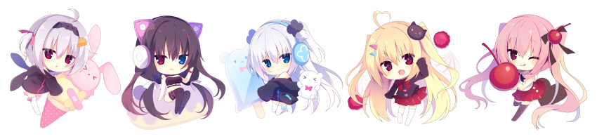&gt;_o 5girls :&lt; :d ;q absurdres ahoge animal animal_ear_headphones animal_ears animal_hood bangs bare_shoulders bear black_hair black_hairband black_jacket black_shirt black_thighhighs blonde_hair blue_eyes blush bow breasts carrot_hair_ornament cat_hair_ornament cherry cherry_hair_ornament chibi closed_mouth collared_shirt commentary crossed_bandaids double_scoop fake_animal_ears fang flower-shaped_pupils food food-themed_hair_ornament fruit grey_hair hair_between_eyes hair_ornament hairband hairclip heart heart_ahoge heterochromia highres holding holding_food holding_fruit hood hood_down hooded_jacket ice_cream ice_cream_cone jacket long_hair long_sleeves looking_at_viewer medium_breasts minigirl muku_(apupop) multiple_girls no_shoes one_eye_closed original parted_lips pink_hair pleated_skirt popsicle red_bow red_eyes red_skirt shirt simple_background skirt sleeves_past_wrists smile sparkling_eyes symbol-shaped_pupils thighhighs tongue tongue_out triangle_mouth two_side_up very_long_hair white_background white_shirt white_thighhighs wide_image wide_sleeves