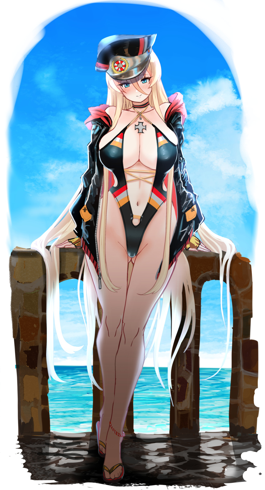 1girl absurdres alternate_costume azur_lane bismarck_(azur_lane) black_one-piece_swimsuit blonde_hair blue_eyes blush cloud cloudy_sky cross full_body hair_between_eyes hat hey_taisyou highres iron_cross jacket long_hair looking_at_viewer navel ocean one-piece_swimsuit peaked_cap plunging_neckline sandals sky solo stomach swimsuit unzipped very_long_hair