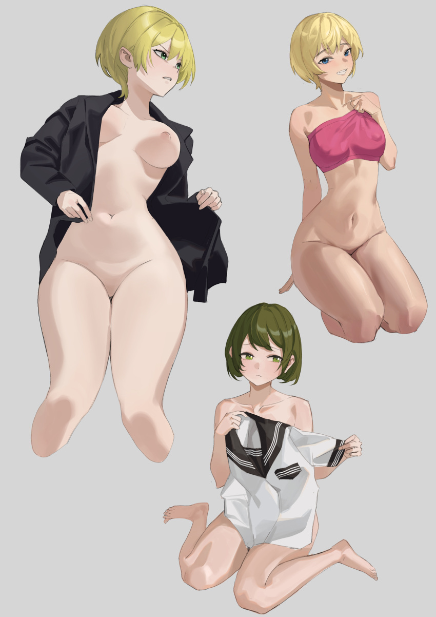 3girls :d absurdres bangs bare_arms bare_shoulders barefoot black_shirt blonde_hair blue_eyes blush bottomless breasts chuck_(harfmoondark) clenched_teeth closed_mouth collarbone covered_nipples green_eyes green_hair grey_background grin highres holding holding_clothes holding_shirt large_breasts long_sleeves looking_at_viewer looking_away looking_to_the_side multiple_girls naked_shirt navel nipples no_bra no_panties one_breast_out open_clothes open_shirt original parted_lips school_uniform serafuku shirt shirt_removed short_hair simple_background sitting smile stomach strapless teeth tube_top v-shaped_eyebrows wariza