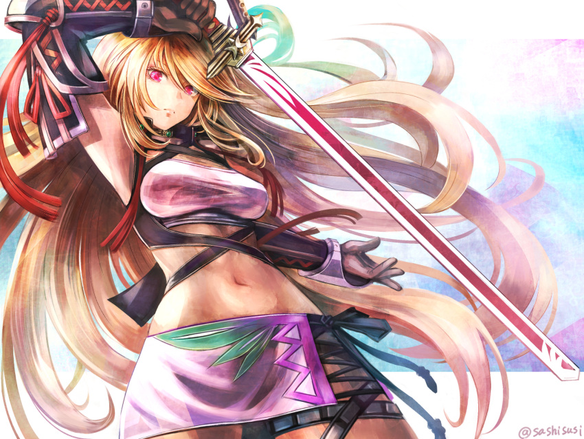 1girl arm_up armpits bangs black_gloves black_sleeves blonde_hair breasts closed_mouth crop_top detached_sleeves floating_hair frown gloves hair_between_eyes holding holding_sword holding_weapon long_hair medium_breasts microskirt midriff milla_maxwell navel purple_skirt red_eyes red_ribbon ribbon skirt solo stomach sushi_(sashimise) swept_bangs sword tales_of_(series) tales_of_xillia twitter_username very_long_hair weapon