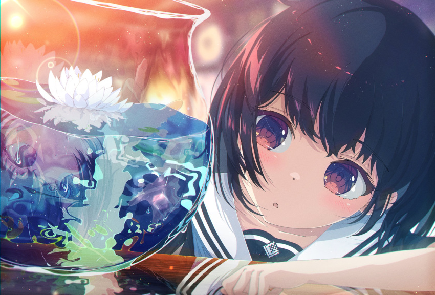 1girl :o bangs black_hair black_shirt blurry blurry_background blush condensation fishbowl flower hand_up haru_haruru515 highres lotus original purple_eyes reflection sailor_collar shirt short_hair solo table