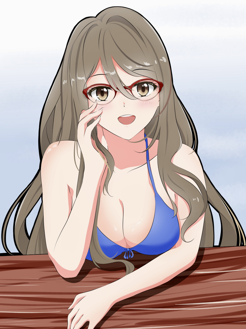 1girl :d absurdres bikini blue_bikini blush breasts brown_eyes brown_hair elbow_on_table glasses highres kai07 large_breasts long_hair lycoris_recoil nakahara_mizuki red-framed_eyewear sitting smile swimsuit