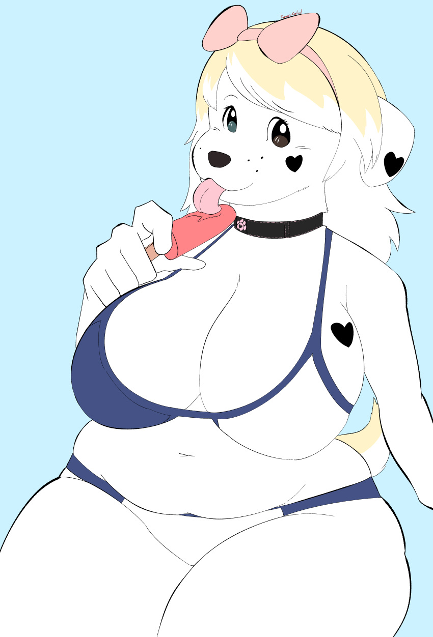 3 absurd_res big_breasts bikini breasts canid canine canis clothing collar domestic_dog female food heart_(marking) hi_res mammal popsicle popsicle_stick saltine_(toonarscontent) smile swimwear tagme thick_thighs toonarscontent wide_hips
