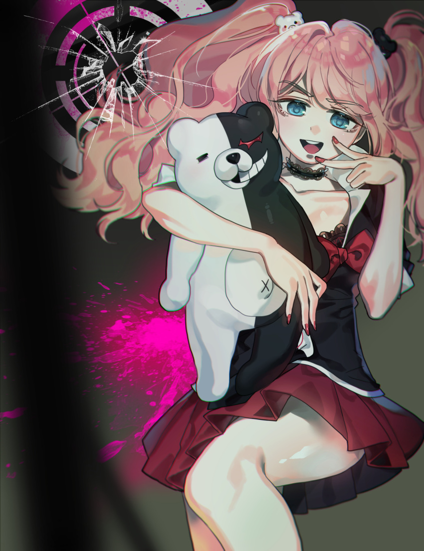 1girl :d absurdres baekryang bangs bear_hair_ornament black_choker black_shirt blood bow breasts brown_background choker collarbone danganronpa:_trigger_happy_havoc danganronpa_(series) enoshima_junko feet_out_of_frame green_eyes hair_ornament hand_up highres holding long_hair miniskirt monokuma nail_polish pink_blood red_bow red_nails red_skirt shirt skirt smile teeth tongue twintails upper_teeth