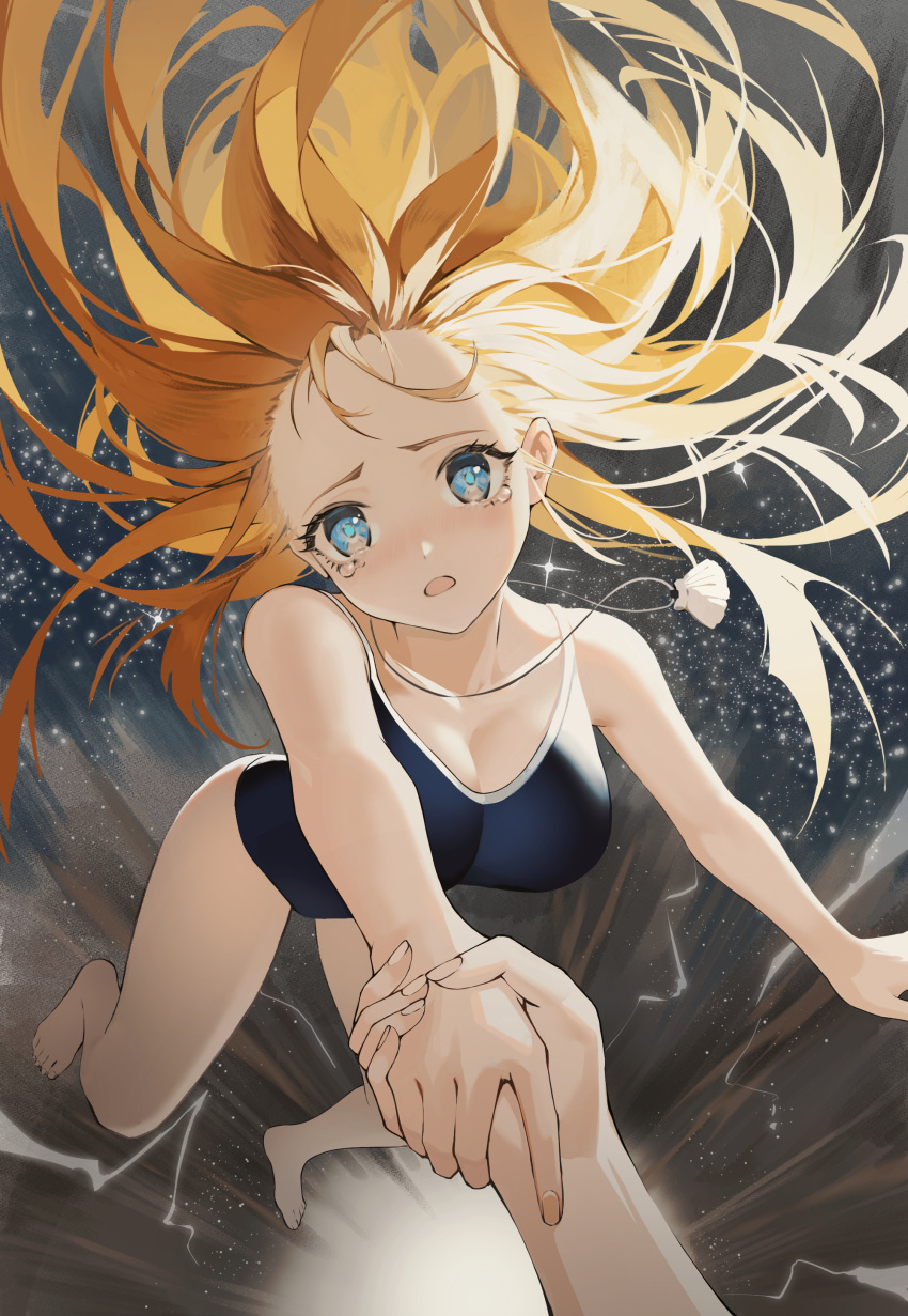 1girl absurdres ajiro_shinpei bare_arms bare_legs bare_shoulders barefoot blonde_hair blue_eyes blue_one-piece_swimsuit breasts cleavage collarbone competition_school_swimsuit explosion floating_hair forehead hair_behind_ear highres holding_hands iamc95 jewelry kofune_ushio light_blush long_hair looking_at_viewer medium_breasts necklace one-piece_swimsuit open_mouth pov reaching_out school_swimsuit seashell shell shell_necklace summertime_render swimsuit tearing_up underwater very_long_hair