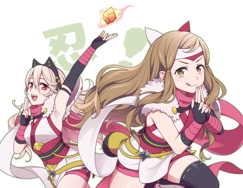 2girls alternate_costume arm_up armpits blonde_hair brown_hair closed_mouth corrin_(fire_emblem) corrin_(fire_emblem)_(female) cowboy_shot elbow_gloves eyelashes fingerless_gloves fire_emblem fire_emblem_fates fur_trim gloves green_outline hair_between_eyes hairband hana_(fire_emblem) hiyori_(rindou66) japanese_clothes kimono long_hair looking_at_viewer multiple_girls ninja obi open_mouth outline pointing pointing_up red_eyes sash scarf shiny shiny_hair short_kimono sidelocks simple_background standing standing_on_one_leg teeth thighhighs thighs tongue tongue_out translation_request upper_teeth white_background