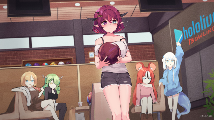 5girls absurdres alternate_hairstyle artist_name ball bowling bowling_ball casual ceres_fauna commentary english_commentary food gawr_gura hair_ornament hakos_baelz heterochromia highres hololive hololive_english indoors irys_(hololive) multiple_girls namiorii off-shoulder_shirt off_shoulder pizza shirt shorts strap_slip virtual_youtuber watson_amelia