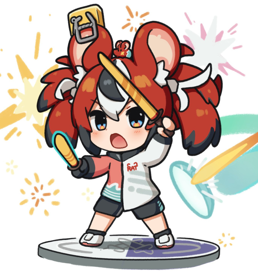 1girl alternate_costume animal_ears black_hair casual chibi dual_wielding gloves hakos_baelz highres holding hololive hololive_english jacket mouse_ears mouse_girl mouse_tail mousetrap mr._squeaks_(hakos_baelz) multicolored_hair nintendo_switch_sports red_hair shoes shorts single_glove sneakers snowmya sparks streaked_hair sword tail track_jacket twintails virtual_youtuber weapon white_hair wooden_sword