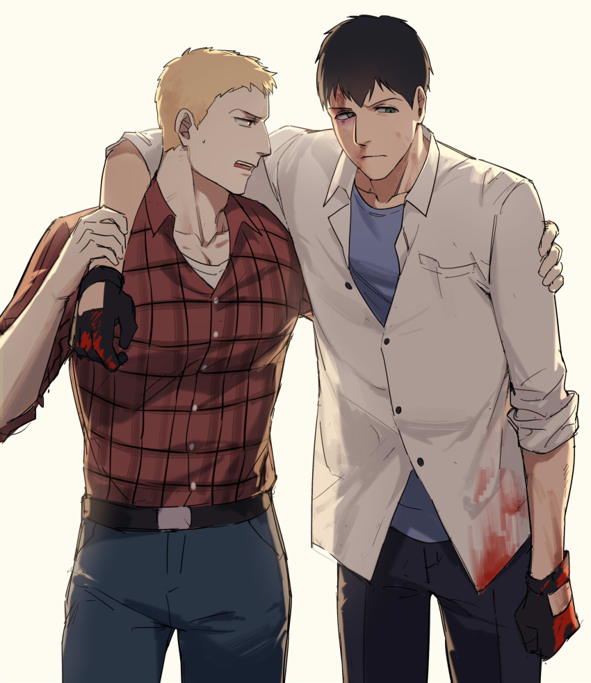 2boys absurdres arm_around_shoulder bangs belt bertolt_hoover black_hair blonde_hair blood blood_on_clothes blood_on_face blood_on_gloves blood_on_hands blue_shirt bruise bruised_eye buttons denim green_eyes highres injury jeans labcoat looking_at_another looking_to_the_side multiple_boys pants pectorals plaid plaid_shirt reiner_braun shadowlll2 shingeki_no_kyojin shirt short_hair sweatdrop worried yellow_eyes