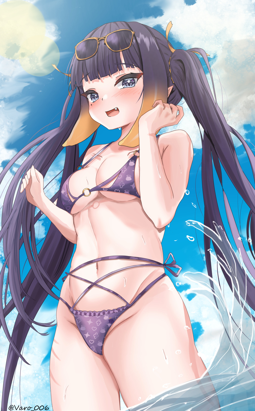 1girl absurdres beach bikini black_hair blue_eyes blush eyewear_on_head fang hair_ribbon highres hololive hololive_english long_hair navel ninomae_ina'nis partially_submerged ribbon solo sunglasses swimsuit tentacle_hair twintails varo_006 very_long_hair virtual_youtuber water