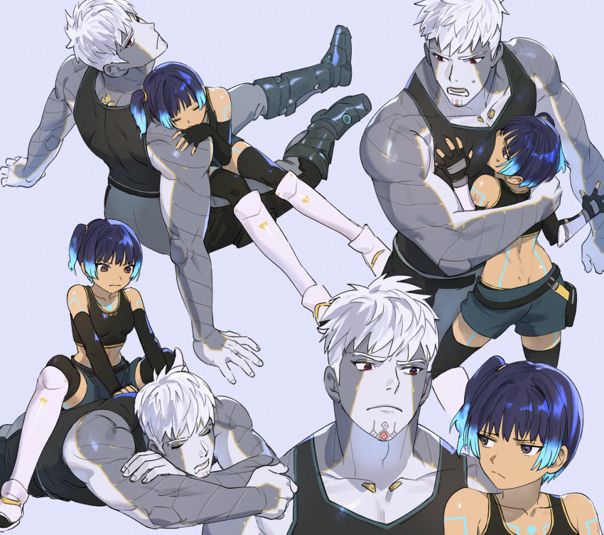 1boy 1girl between_breasts blue_hair breasts couple elbow_gloves face_between_breasts fiery_hair fingerless_gloves gloves hand_on_another's_chest head_between_breasts highres hug lanz_(xenoblade) large_pectorals massage metal_skin pectorals ren_you_(iiinununu) sena_(xenoblade) side_ponytail sitting sitting_on_lap sitting_on_person sleeveless straddling tank_top white_hair xenoblade_chronicles_(series) xenoblade_chronicles_3
