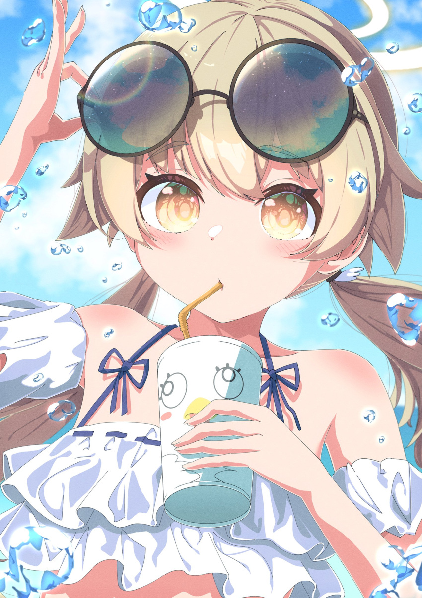 1girl absurdres adjusting_eyewear arm_garter bangs bare_shoulders bikini blue_archive blush brown_hair cloud cup day disposable_cup drinking drinking_straw eyewear_on_head frilled_hairband frills hairband halterneck hand_up haru_haruru515 hifumi_(blue_archive) hifumi_(swimsuit)_(blue_archive) highres holding holding_cup long_hair looking_at_viewer low_twintails outdoors peroro_(blue_archive) reflection ribbon-trimmed_bikini round_eyewear solo sunglasses swimsuit twintails upper_body water_drop white_bikini yellow_eyes