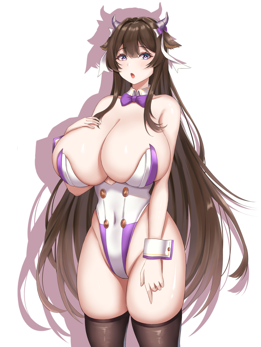 1girl absurdres animal_ears azur_lane bow bowtie breasts brown_hair brown_thighhighs comotaro cow_ears cow_girl cow_horns detached_collar gigantic_breasts hand_on_own_chest highleg highleg_leotard highres horns kashino_(azur_lane) leotard long_hair looking_at_viewer open_mouth purple_bow purple_bowtie purple_eyes purple_leotard ribbon shadow simple_background skindentation solo strapless strapless_leotard thighhighs two-tone_leotard undersized_breast_cup very_long_hair white_background white_leotard white_ribbon wing_collar