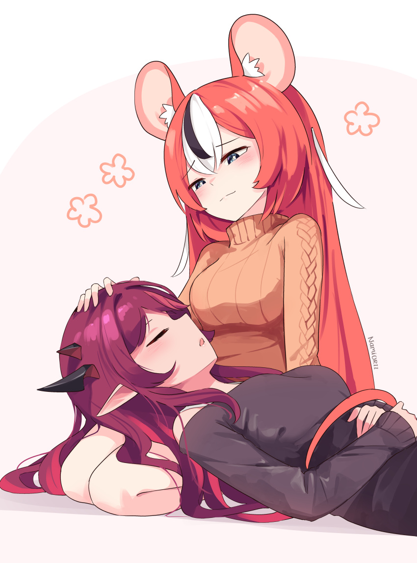 2girls absurdres animal_ears artist_name bare_shoulders black_hair blush casual closed_eyes commentary demon_horns english_commentary hair_down hakos_baelz hand_on_another's_head highres hololive hololive_english horns irys_(hololive) lap_pillow long_hair long_sleeves looking_at_another mouse_ears mouse_girl mouse_tail multicolored_hair multiple_girls namiorii pointy_ears purple_hair red_hair ribbed_sweater sitting sleeping sleeping_on_person smile streaked_hair sweater tail turtleneck turtleneck_sweater very_long_hair virtual_youtuber white_hair yuri