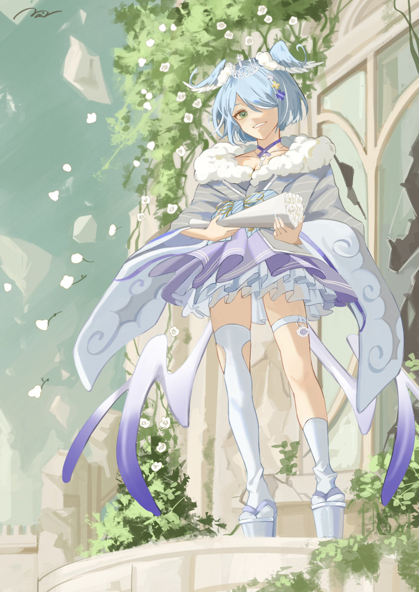 1girl aqua_eyes asymmetrical_legwear blue_hair bob_cut bouquet collarbone elira_pendora flower full_body fur_trim head_wings high_heels highres japanese_clothes jewelry key_necklace kimono low_wings necklace nijisanji nijisanji_en official_alternate_costume p9_nai short_hair single_thighhigh skirt solo thighhighs tiara virtual_youtuber wings