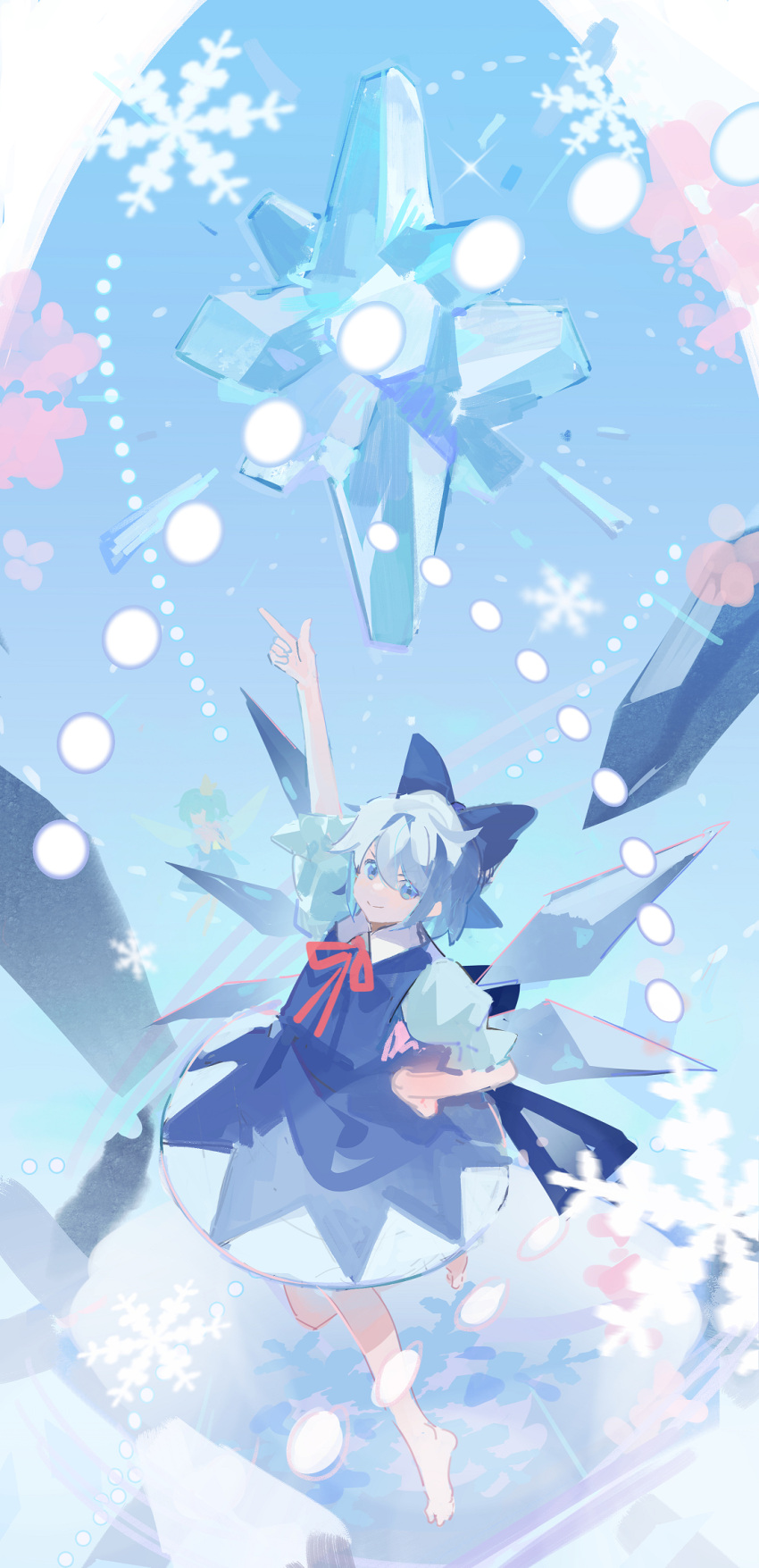 2girls arm_up back_bow bangs barefoot blue_bow blue_dress blue_eyes blue_hair bow chinese_commentary cirno closed_mouth collared_shirt commentary daiyousei danmaku detached_wings dress finger_gun full_body hair_between_eyes hair_bow hand_on_hip highres ice ice_wings looking_at_viewer multiple_girls neck_ribbon puffy_short_sleeves puffy_sleeves red_ribbon ribbon satonishi shirt short_hair short_sleeves smile snowflakes spell_card touhou white_shirt wings