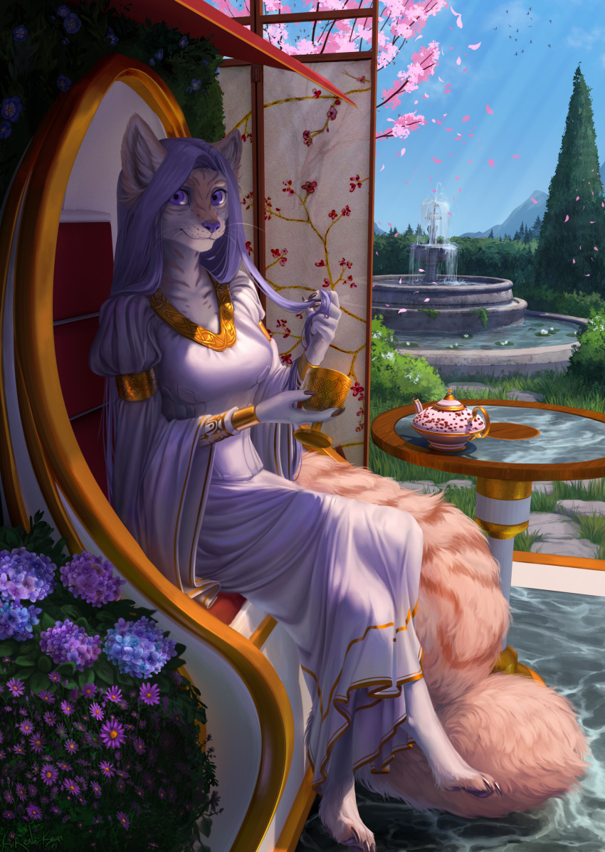 absurd_res anthro clothed clothing domestic_cat dress enide_von_isveld_(nerobeasts) felid feline felis female flower garden gold_(metal) gold_jewelry hair hi_res jewelry kirena-kaya lavender_eyes lavender_hair long_hair mammal plant solo teapot