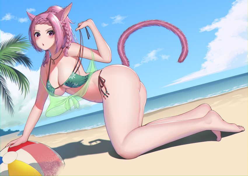 1girl :o absurdres all_fours animal_ears ass ball bare_legs barefoot beach beachball bikini blush braid breasts cat_ears cat_tail cleavage commission crown_braid final_fantasy final_fantasy_xiv from_side full_body highres himeliofon large_breasts long_hair miqo'te navel ocean pink_eyes pink_hair puckered_lips side-tie_bikini_bottom sky solo swimsuit tail undressing untied untied_bikini