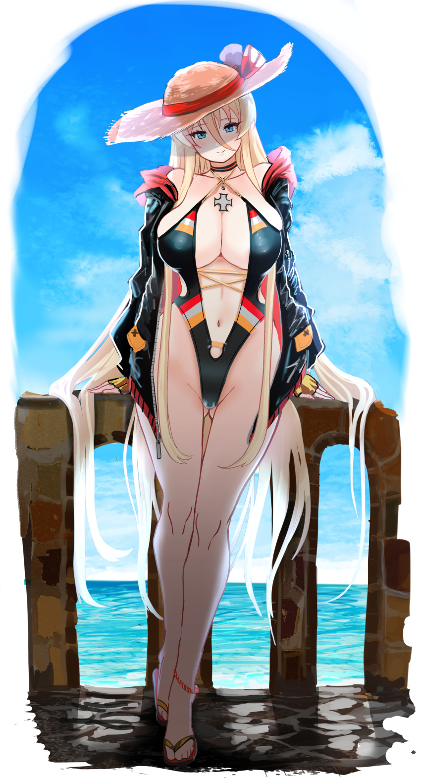 1girl absurdres alternate_costume azur_lane bismarck_(azur_lane) black_one-piece_swimsuit blonde_hair blue_eyes blush cloud cloudy_sky cross full_body hair_between_eyes hat hey_taisyou highres iron_cross jacket long_hair looking_at_viewer navel ocean one-piece_swimsuit plunging_neckline sandals sky solo stomach sun_hat swimsuit unzipped very_long_hair