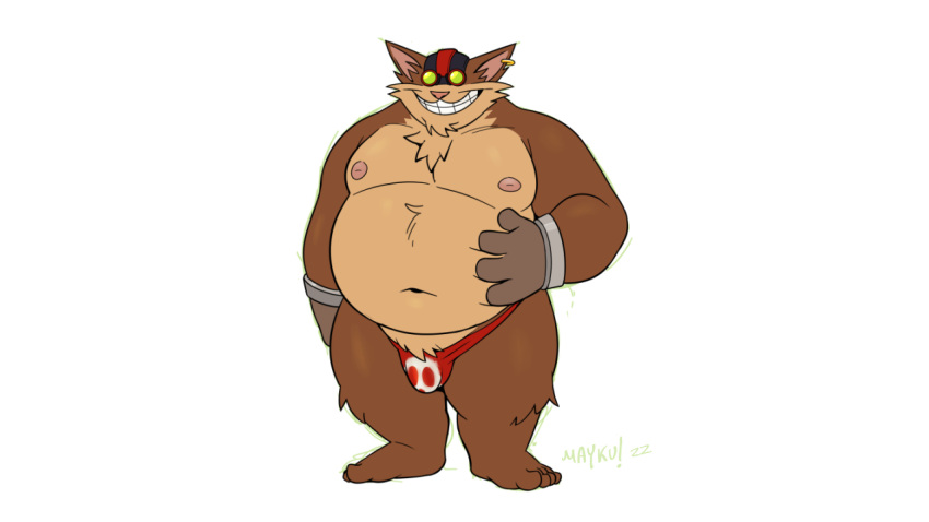 2022 anthro belly big_belly brown_body bulge clothing humanoid_hands league_of_legends male mayku moobs navel nipples overweight overweight_male riot_games simple_background solo underwear video_games white_background yordle ziggs_(lol)