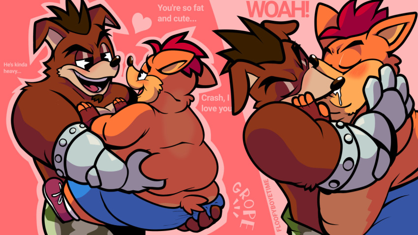 &lt;3 activision anthro blush bodily_fluids butt crash_bandicoot crash_bandicoot_(series) crunch_bandicoot duo floofyboyetime grope holding_butt kissing male male/male muscular saliva slightly_chubby text video_games