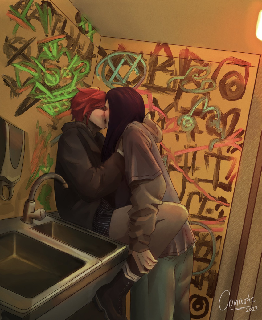 2022 2girls arcane:_league_of_legends artist_name caitlyn_(league_of_legends) comartae highres indoors kiss league_of_legends multiple_girls purple_hair red_hair sink soap_dispenser vi_(league_of_legends) yuri