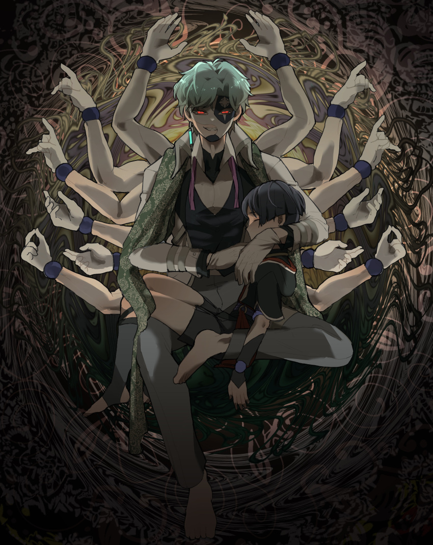 1220_(fowlr) 2boys abstract_background absurdres aqua_hair arms_up barefoot black_pants black_shirt blue_hair bow bowtie bridal_gauntlets brown_background carrying child_carry commentary doctor dottore_(genshin_impact) dress_shirt durga english_commentary extra_arms formal full_body genshin_impact glowing glowing_eyes grey_pants grin highres jacket japanese_clothes long_sleeves looking_at_viewer mask multiple_boys outstretched_arms paisley pants purple_bow purple_bowtie red_eyes scaramouche_(genshin_impact) scarf shirt short_sleeves shorts sleeping smile spread_arms toes tsurime unbuttoned unbuttoned_shirt undershirt undone_bowtie waistcoat white_jacket white_shirt wristband