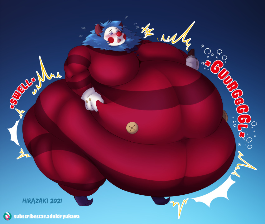 2021 absurd_res belly big_belly blush eating embrassed hi_res humanoid jester jester_outfit male mammal mane moobs panicking ryukawa solo swollen ursid weight_gain
