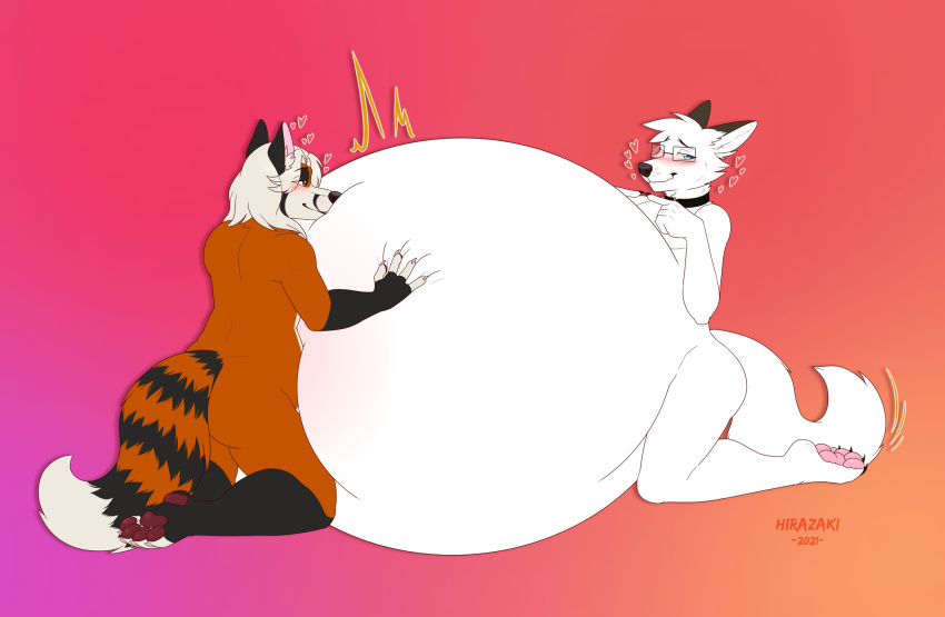 2021 adoration ailurid anthro arctic_fox belly_in_face belly_inflation blush canid canine duo fox hi_res inflation male male/male mammal pawpads paws red_panda russell_(xaus32) ryukawa swollen