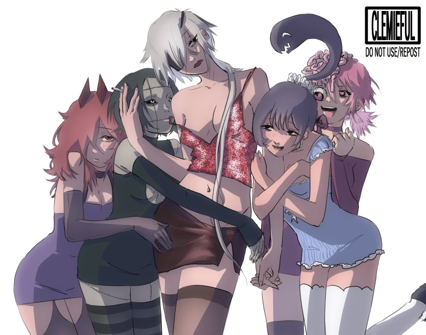 5girls :d arms_around_waist artist_name bangs black_sclera blue_dress blush brain breast_cutout breasts chainsaw_man cigarette cleavage clemieful collarbone colored_sclera cosmo_(chainsaw_man) dangling_eye dress elbow_gloves exposed_brain eye_pop eyepatch gloves hair_between_eyes hair_over_one_eye harem heart heart_in_eye highres holding_hands horns hug hug_from_behind living_hair long_(chainsaw_man) long_hair looking_at_another looking_to_the_side multiple_girls one_eye_covered open_mouth pingtsi_(chainsaw_man) purple_dress quanxi's_group_(chainsaw_man) quanxi_(chainsaw_man) short_hair simple_background skirt smile standing stitched_face stitched_mouth stitches strap_slip striped striped_thighhighs symbol_in_eye thighhighs tsugihagi_(chainsaw_man) white_background white_thighhighs yuri