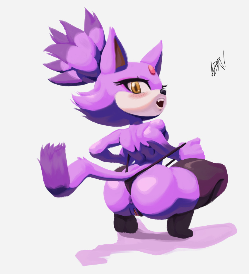 absurd_res anthro anus blaze_the_cat blush clothing crouching domestic_cat felid feline felis female genitals hi_res kerbaru legwear looking_at_viewer mammal mostly_nude open_mouth pussy rear_view sega simple_background solo sonic_the_hedgehog_(series) thigh_highs thong underwear white_background