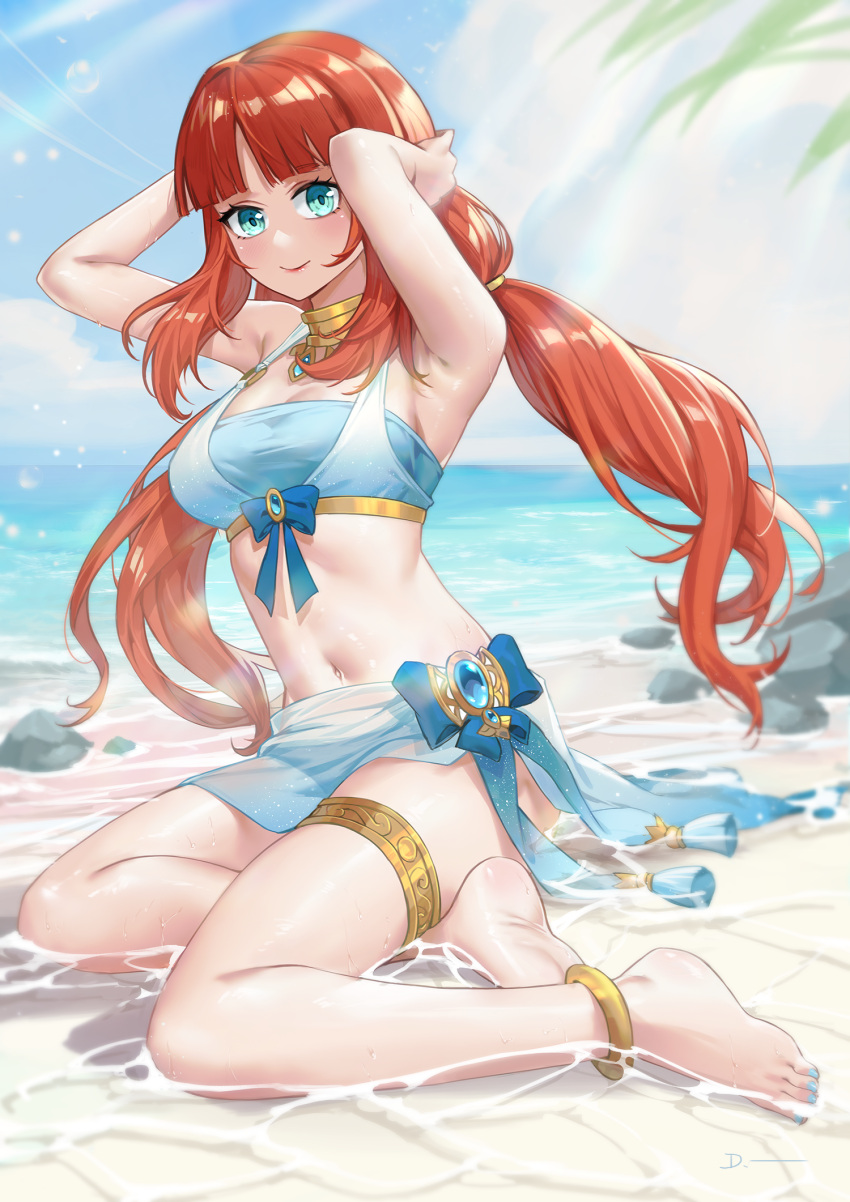 1girl anklet aqua_eyes armpits arms_behind_head arms_up bangs bare_arms bare_legs barefoot beach blue_bow blue_gemstone blue_nails blue_skirt blue_sky blunt_bangs blush bow breasts caustics cleavage day full_body gem genshin_impact gold_choker gold_trim halterneck highres jewelry linreplica long_hair looking_at_viewer low_twintails nail_polish navel neck_ring nilou_(genshin_impact) ocean outdoors parted_bangs red_hair shallow_water sitting skirt sky sleeveless small_breasts smile solo stomach strapless sunlight thighlet toenail_polish toenails tube_top twintails vision_(genshin_impact) water wet yokozuwari