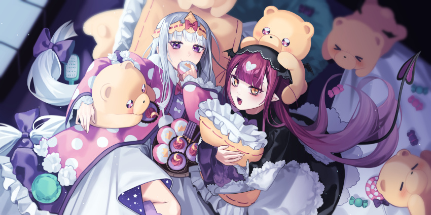 2girls absurdres aurora_sya_lis_kaymin black_headwear bow brown_hair candy dessert english_commentary fangs food heart highres indoors lollipop long_hair lying maou-jou_de_oyasumi multiple_girls on_bed on_side pajamas pillow pink_pajamas polka_dot purple_eyes red_bow ropytic succyun teddy_demon very_long_hair wrapped_candy yellow_eyes