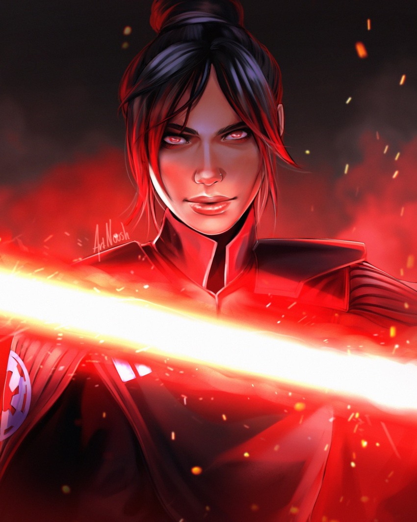 apex_legends artist_name black_hair colored_tips company_connection cosplay energy_sword english_commentary galactic_empire hair_bun head_tilt highres inquisitor_(star_wars) lightsaber looking_at_viewer multicolored_hair noush red_eyes red_hair respawn_entertainment second_sister_(star_wars) second_sister_(star_wars)_(cosplay) star_wars star_wars_jedi:_fallen_order sword upper_body weapon wraith_(apex_legends)