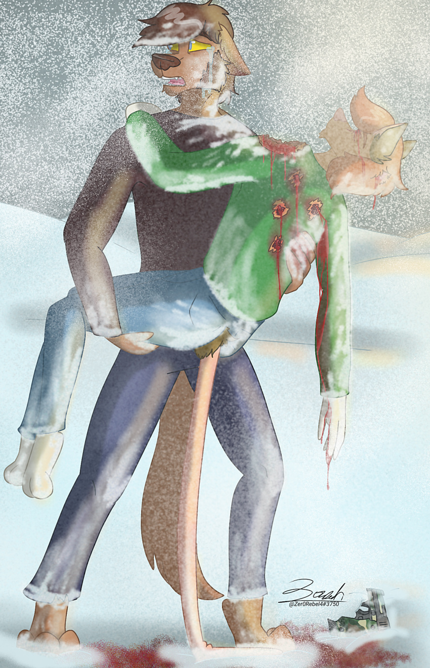 2022 absurd_res anthro bite_mark blizzard_(weather) blood blue_eyes bodily_fluids bottomwear brown_body brown_fur brown_hair brown_markings bullet bullet_hole canid canine canis chin_tuft clothed clothing covered_in_snow crying death denim denim_clothing detailed didelphid digital_drawing_(artwork) digital_media_(artwork) duo eyes_closed facial_hair facial_tuft fur gore gun hair handgun hi_res holding_person jeans killing limp male mammal markings marsupial orange_body orange_fur orange_hair pants pawpads paws pistol ranged_weapon sad shirt snow snowing tears thomas_ii_(zer0rebel4) timothy_(zer0rebel4) topwear weapon were werecanid werecanine werewolf white_body white_fur white_markings wolf wounded yellow_sclera zer0rebel4