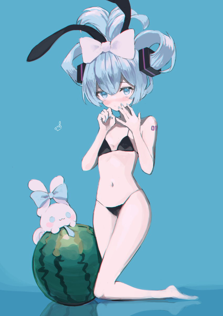 1girl absurdres animal_ears bangs bare_arms bare_legs bare_shoulders barefoot bikini blue_background blue_bow blue_eyes blue_hair blush bow breasts cinnamiku cinnamoroll commentary_request food fruit full_body hair_between_eyes hair_bow hatsune_miku highres kneeling making-of_available micro_bikini navel nose_blush rabbit_ears reflection retorillo sanrio small_breasts swimsuit vocaloid watermelon white_bow