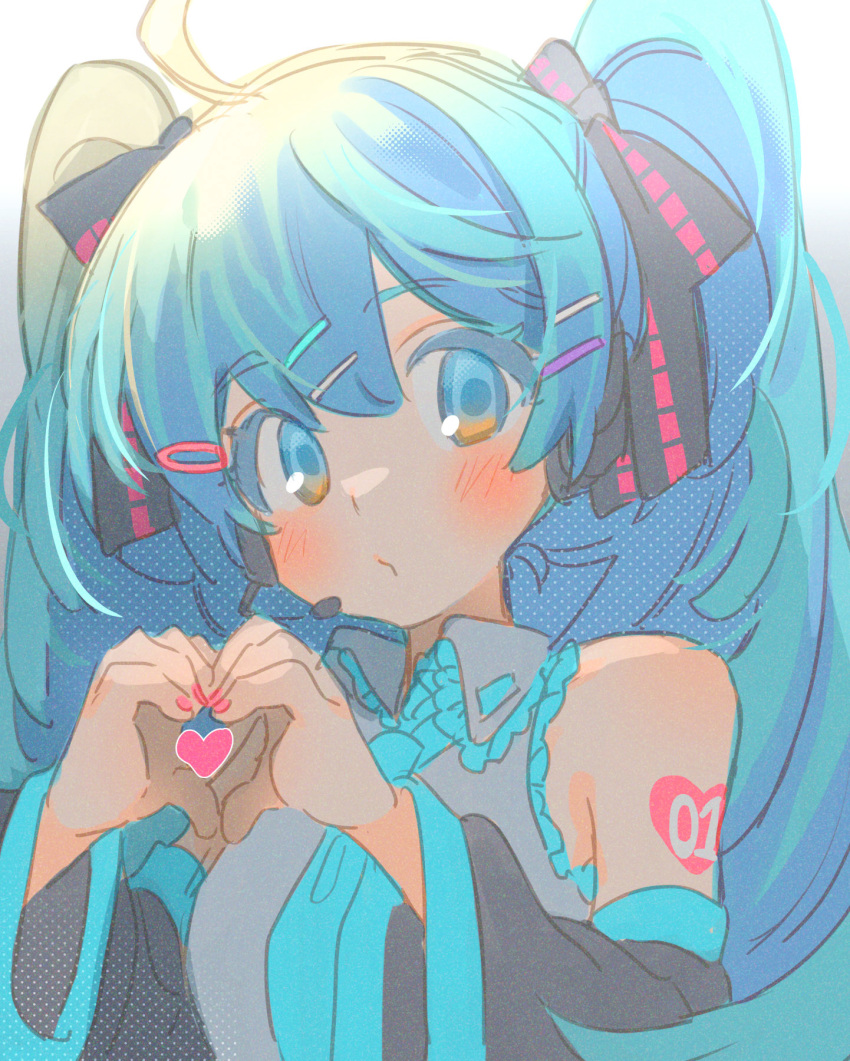 ahoge aqua_eyes aqua_hair aqua_necktie bare_shoulders blush detached_sleeves frilled_shirt_collar frills grey_shirt hair_ornament hairclip hatsune_miku headphones headset heart heart_hands heart_tattoo highres kouhara_yuyu long_hair looking_at_viewer necktie number_tattoo o3o pink_nails puckered_lips shirt shoulder_tattoo sleeveless solo tattoo twintails upper_body vocaloid