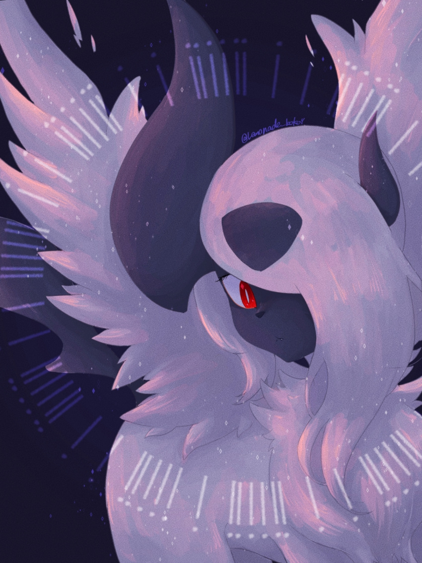 :&lt; absol animal_focus artist_name asymmetrical_hair blue_background bright_pupils closed_mouth commentary_request fang fang_out feathered_wings hair_over_one_eye highres lemonade_kokoi long_hair mega_absol mega_pokemon no_humans one_eye_covered partial_commentary pokemon pokemon_(creature) red_eyes signature simple_background solo twitter_username white_hair white_pupils white_wings wings