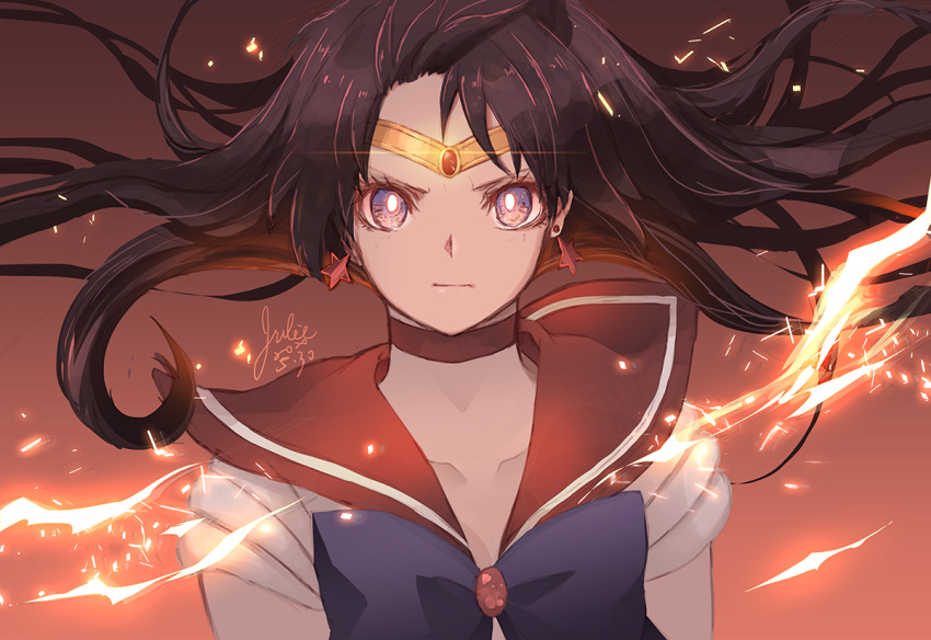 1girl bishoujo_senshi_sailor_moon black_hair bow choker earrings fire gloves hino_rei jewelry kom_(water0371) long_hair magical_girl purple_eyes red_sailor_collar sailor_collar sailor_mars sailor_senshi_uniform solo tiara