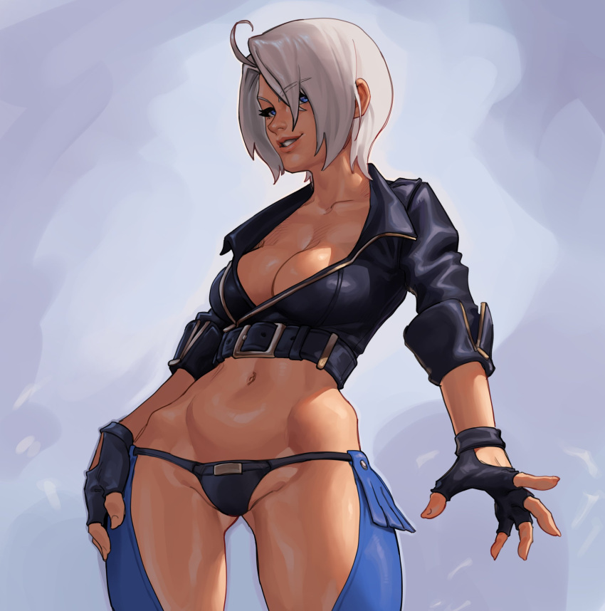 1girl absurdres angel_(kof) backless_pants blue_eyes breasts chaps cropped_jacket ehkcaio english_commentary fingerless_gloves gloves hair_over_one_eye highres jacket large_breasts leather leather_jacket looking_at_viewer pants snk standing the_king_of_fighters the_king_of_fighters_xiv toned underwear