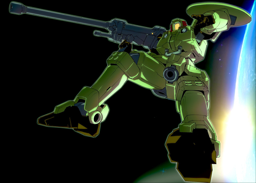 cannon full_body gun gundam gundam_wing highres holding holding_gun holding_weapon kuroiwa_cookie leo_(mobile_suit) mecha mobile_suit no_humans robot science_fiction shield simple_background space thrusters unfinished weapon