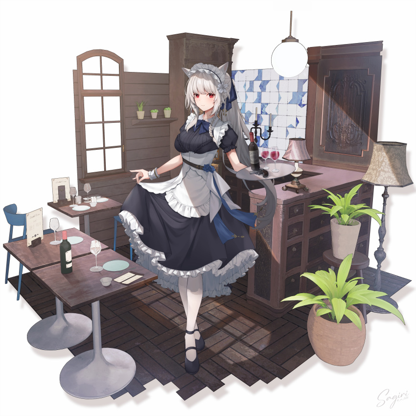 1girl absurdres animal_ears ankle_strap bangs black_dress black_footwear blunt_bangs bottle breasts ceiling_light chair commentary_request cup dress frilled_dress frills glass grey_hair gun handgun high_heels highres holding holding_tray indoors lamp large_breasts legs_together lifted_by_self looking_at_viewer maid maid_headdress mary_janes menu original pantyhose plant plate potted_plant puffy_short_sleeves puffy_sleeves red_eyes sagiri_(ulpha220) shadow shoes short_sleeves solo table tray weapon white_pantyhose wine_bottle wolf_ears wolf_girl wrist_cuffs