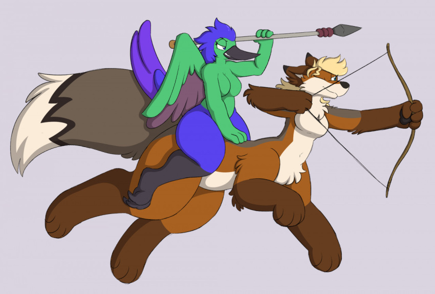 anthro avian beak bird blonde_hair blue_hair bow_(weapon) canid canid_taur canine canine_taur crisstail duo feathers female fox fox_taur green_body green_feathers grey_tail hair hummingbird mammal mammal_taur melee_weapon polearm ranged_weapon riding riding_on_back spear sylph_(arta_shrike) taur weapon wings yuna_(kalofoxfire)