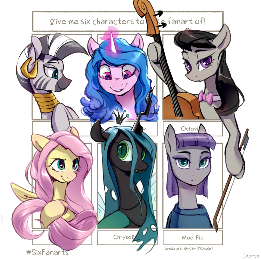 2022 absurd_res arthropod black_body black_hair blue_hair changeling crown digital_media_(artwork) ear_piercing ear_ring earth_pony english_text equid equine fangs feral fluttershy_(mlp) friendship_is_magic gold_(metal) green_eyes grey_body hair hasbro hi_res hooves horn horse izzy_moonbow_(mlp) jewelry laymyy magic mammal maud_pie_(mlp) meme mlp_g5 mohawk multicolored_hair my_little_pony octavia_(mlp) piercing pink_hair pony purple_body purple_hair queen_chrysalis_(mlp) ring_piercing six_fanarts_challenge smile striped_body stripes text two_tone_hair unicorn yellow_body zebra zecora_(mlp)