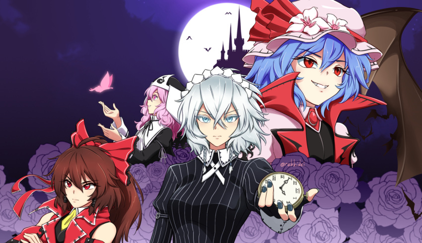 4girls bat_(animal) black_nails blue_hair bow breasts brown_hair bug butterfly castle castlevania castlevania:_symphony_of_the_night crossed_arms fangs flower grey_eyes grey_hair hair_between_eyes hair_bow hakurei_reimu izayoi_sakuya koumajou_densetsu medium_breasts multiple_girls parody pink_eyes pink_hair ponytail rakkidei red_eyes remilia_scarlet rose saigyouji_yuyuko smile stopwatch touhou triangular_headpiece twitter_username vampire