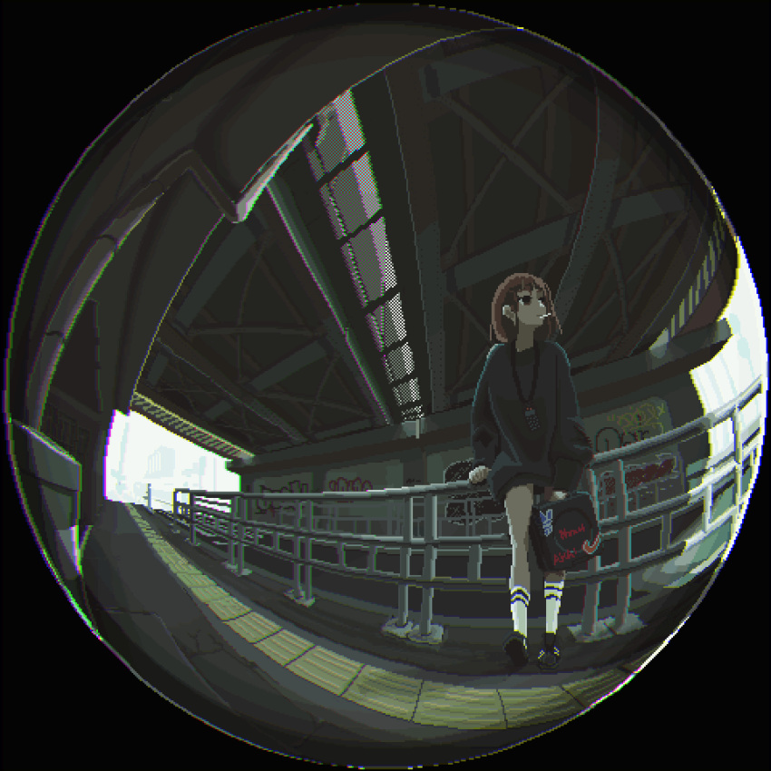 1boy 1girl animated animated_gif bicycle brown_hair cigarette fisheye graffiti ground_vehicle highres motocross_saito original outdoors pixel_art short_hair smoking socks white_socks