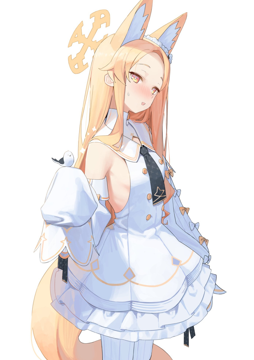 1girl absurdly_long_hair animal_ears bangs blonde_hair blue_archive blush breasts detached_sleeves dress forehead fox_ears hair_ornament halo highres long_hair necktie parted_bangs sailor_collar seia_(blue_archive) short_necktie sideboob sleeveless sleeveless_dress sleeves_past_wrists small_breasts solo standing syhan very_long_hair white_background white_bird white_dress yellow_eyes