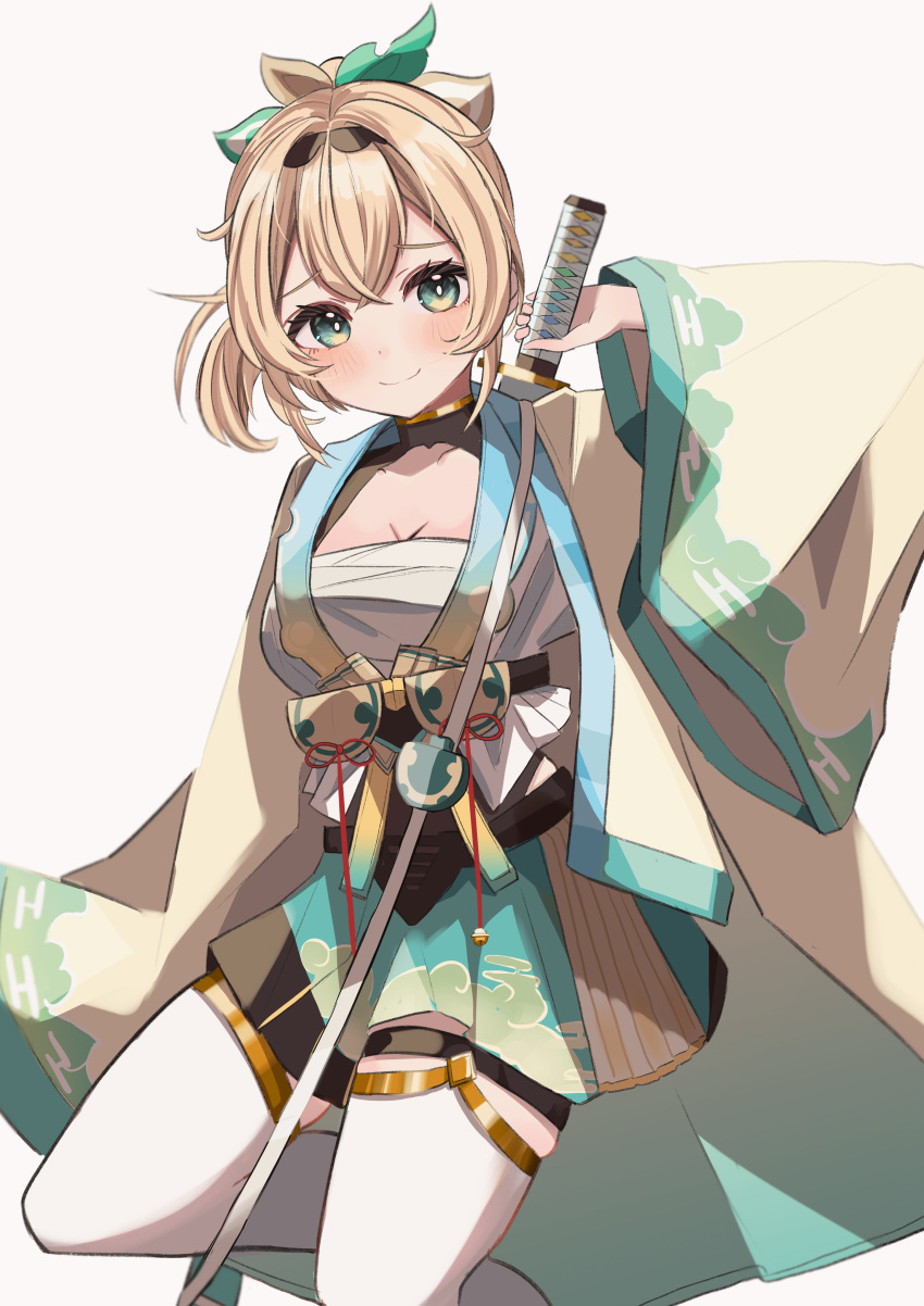 1girl absurdres bangs black_hairband blonde_hair blue_skirt blush bodystocking breasts chest_sarashi cleavage closed_mouth cloud_print commentary crossed_bangs egasumi feet_out_of_frame gold_trim green_eyes hair_ornament hairband hand_on_hilt haori highres hololive japanese_clothes katana kazama_iroha leaf_hair_ornament looking_at_viewer madara_jya medium_breasts miniskirt obi ponytail sarashi sash short_hair simple_background skirt smile solo sword sword_on_back thighhighs virtual_youtuber weapon weapon_on_back white_background white_thighhighs wide_sleeves zettai_ryouiki