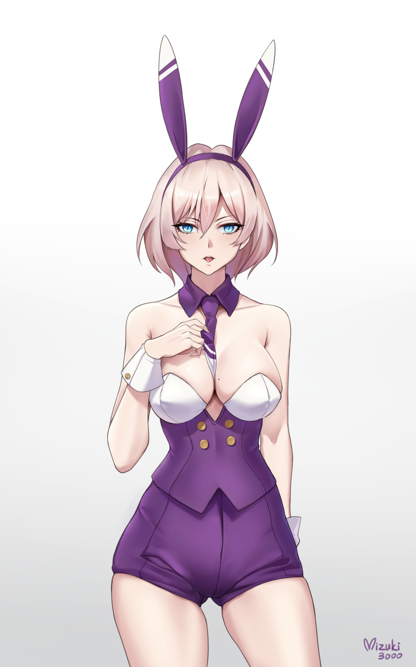1girl absurdres animal_ears arm_behind_back bare_arms bare_shoulders between_breasts blue_eyes breasts buttons cleavage commentary_request detached_collar double-breasted fake_animal_ears gridman_universe hair_between_eyes hand_up highres large_breasts legs_apart looking_at_viewer medium_hair mizuki3000 mole mole_on_breast mujina necktie necktie_between_breasts open_mouth playboy_bunny purple_shorts shorts signature simple_background solo ssss.dynazenon teeth thighs tongue tongue_out upper_teeth wrist_cuffs
